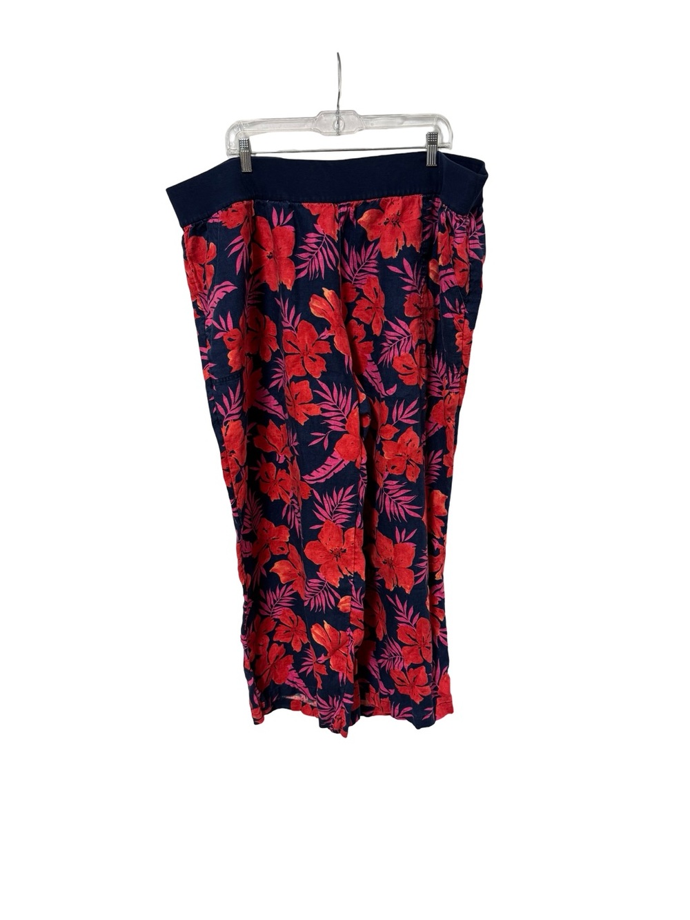 Navy Floral pants with Bright Red Hibiscus Pattern